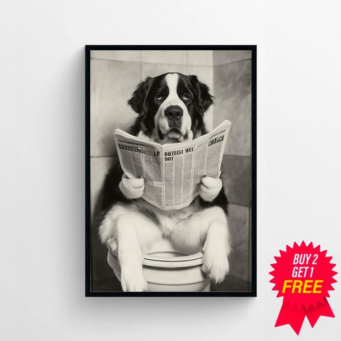 Saint Bernard On Toilet Reading Newspaper Funny Photo Poster - Image 4