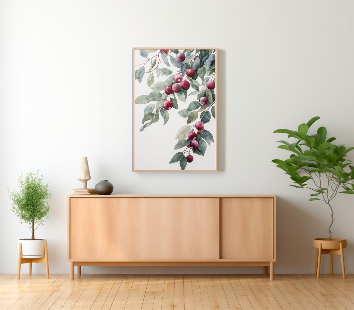 Australian Crimson Berry Eucalyptus Branch Watercolor Botanical Poster - Image 2