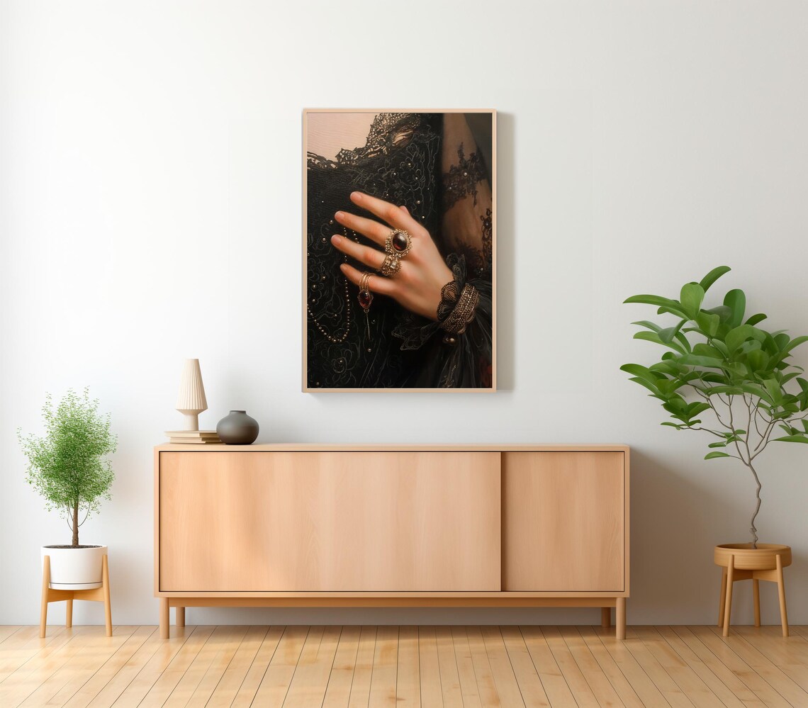Victorian Woman in Black Lace Adorned with Antique Gold Rings Wall Art - Image 2