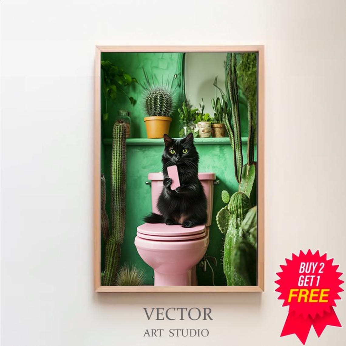 Funny Black Cat on Pink Toilet With Phone and Lush Green Plants Poster