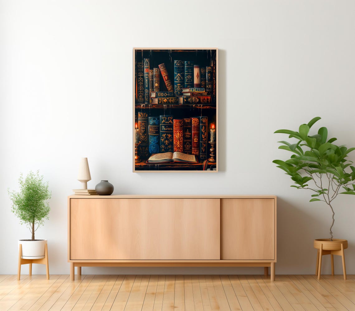 Gothic Antique Library Bookshelf By Candlelight Books Poster - Image 2