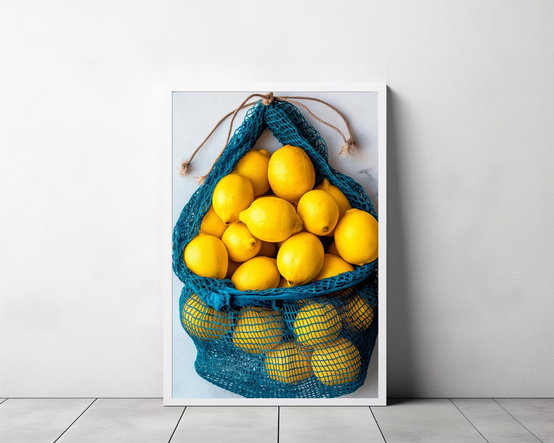 Bright Yellow Lemons in a Turquoise Net Bag Kitchen Photo Wall Art - Image 3