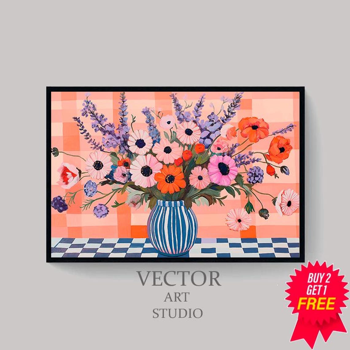 Bold Floral Still Life in Striped Vase on Checkerboard Poster - Image 4