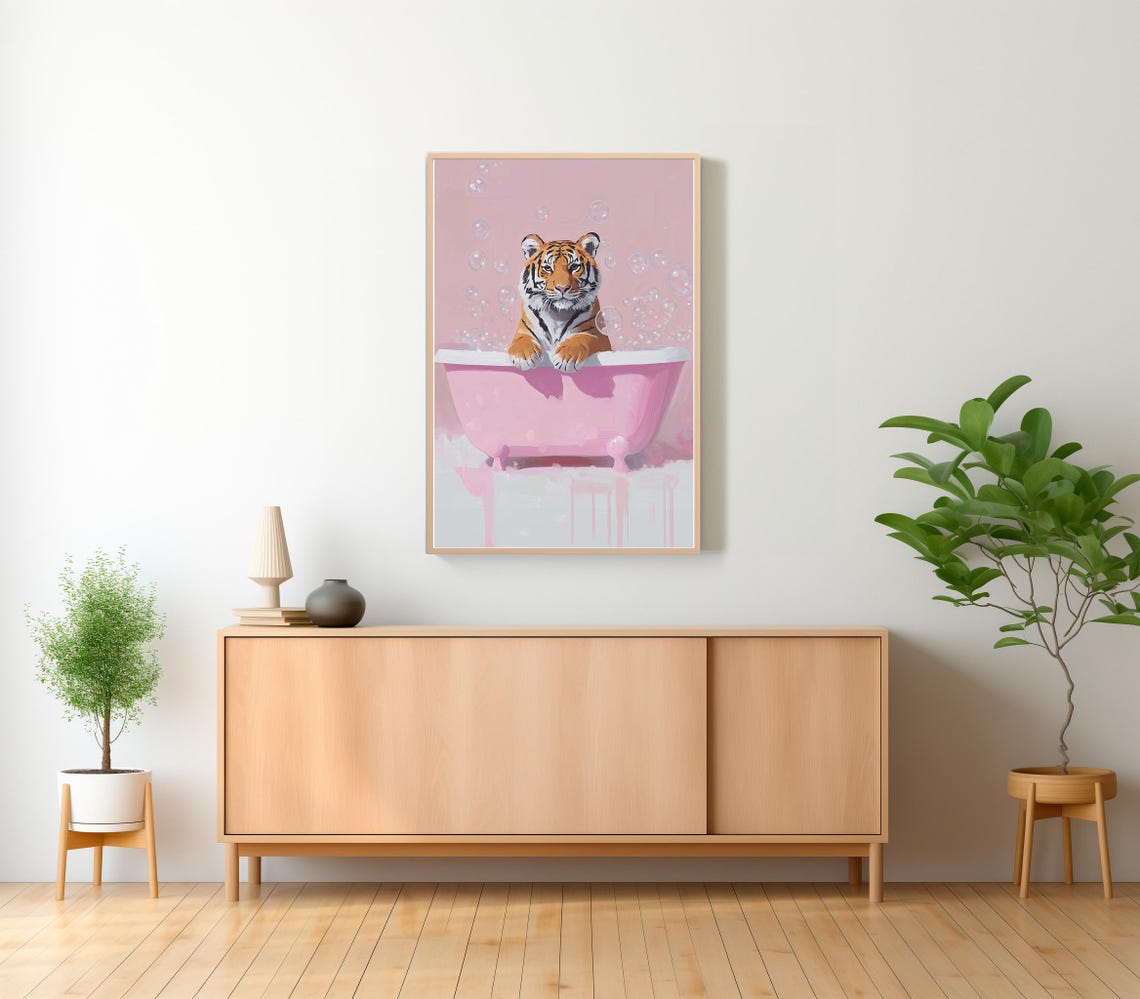 Tiger Cub Taking a Bubble Bath in a Pink Tub Whimsical Art Poster - Image 2