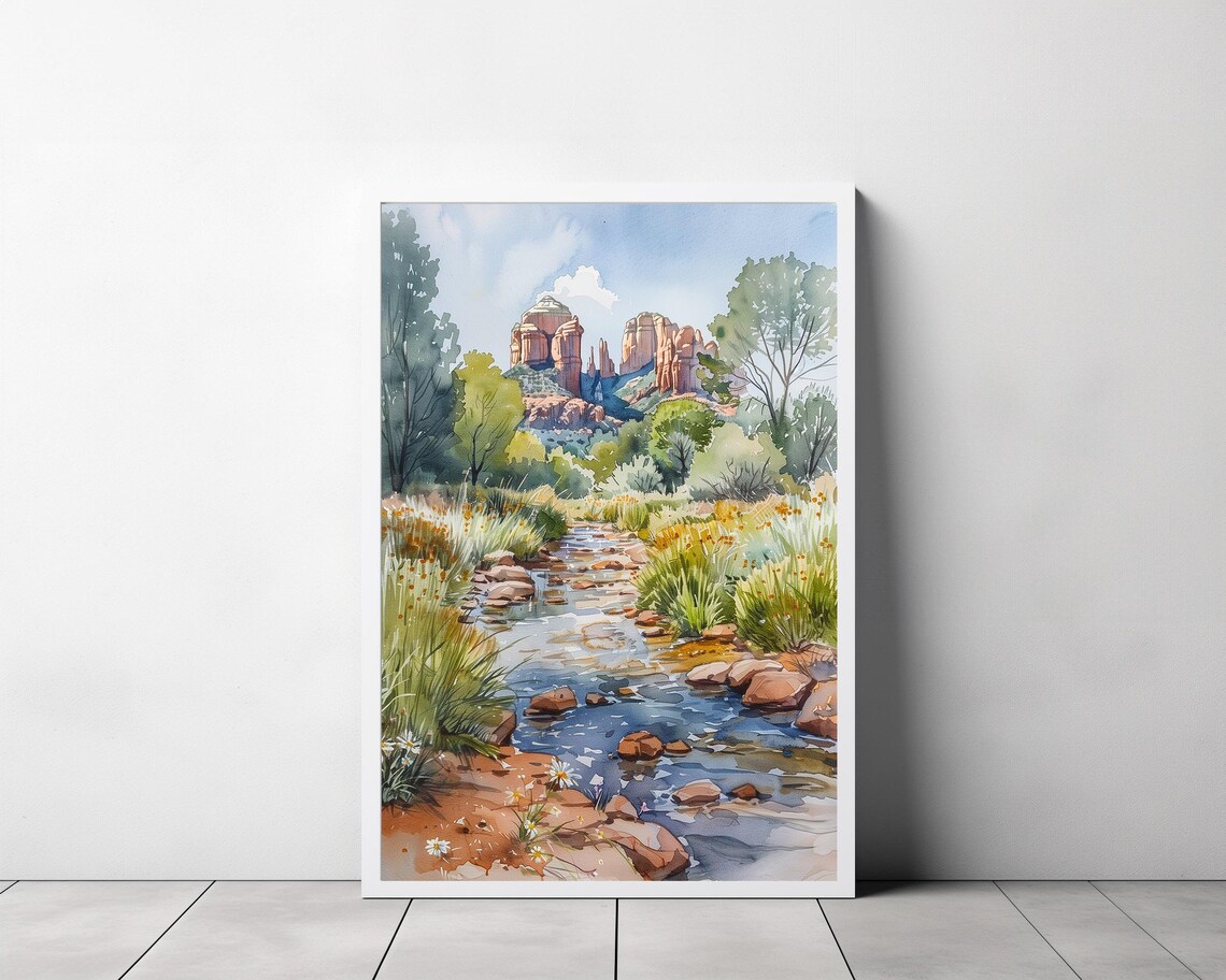 Sedona Red Rock Canyon Creek Green Cottonwoods Watercolor Poster - Image 3