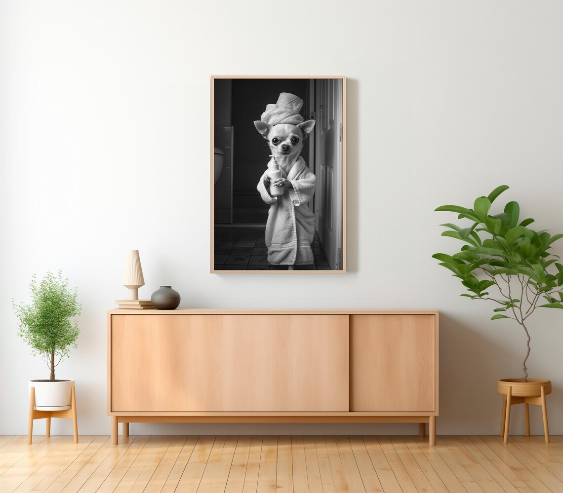 Chihuahua in Bathrobe Standing in a Doorway Spa Day Funny Poster - Image 2