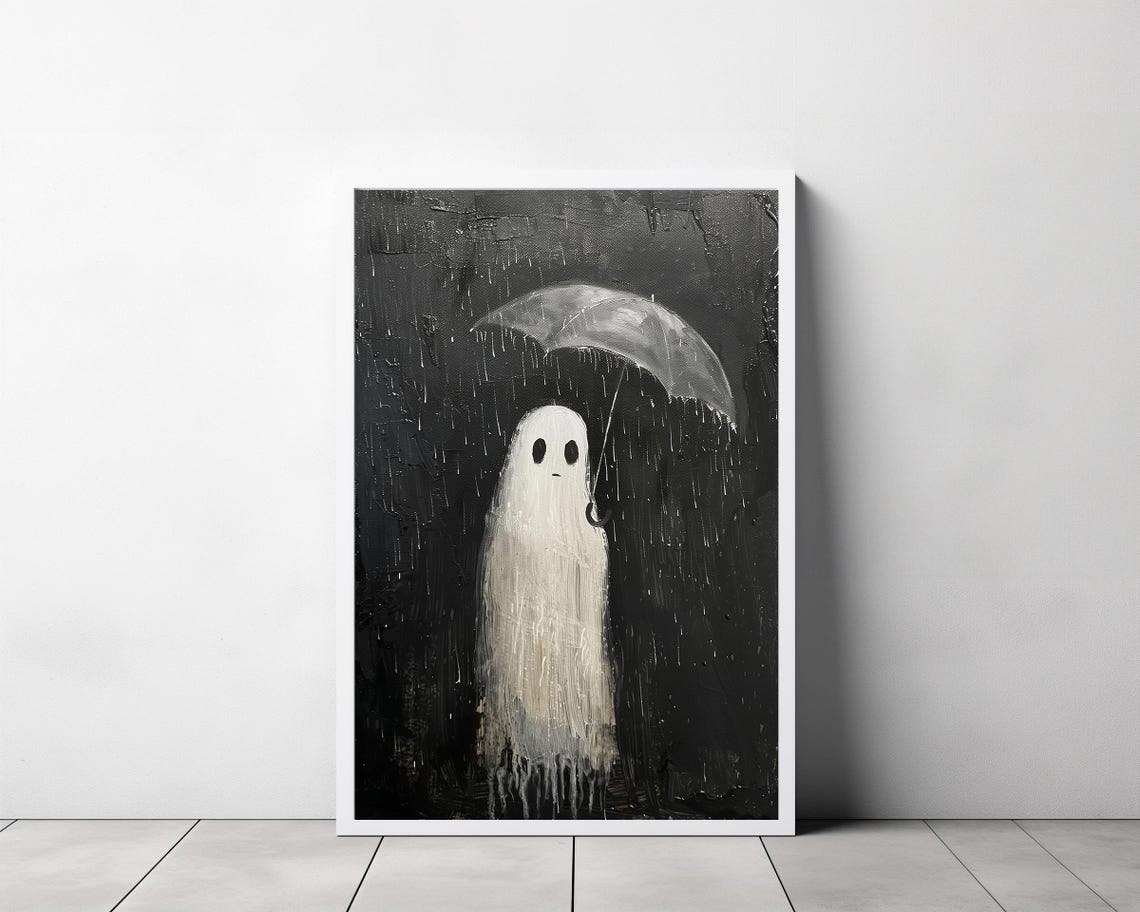 Sad Little Ghost Under Umbrella in Heavy Rain Dark Moody Poster - Image 3