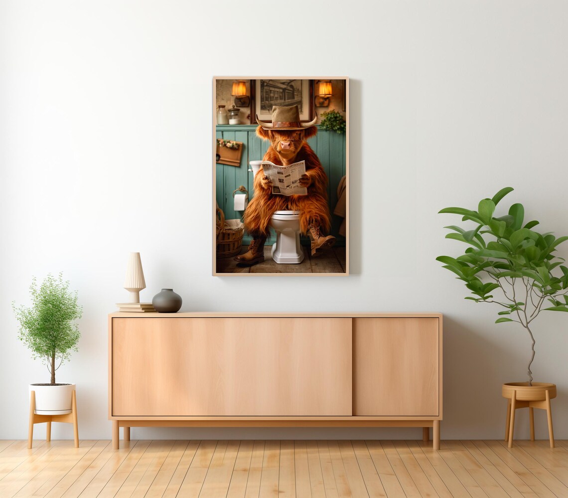 Shaggy Highland Cow in Cowboy Hat Reading Paper on Toilet Poster - Image 2
