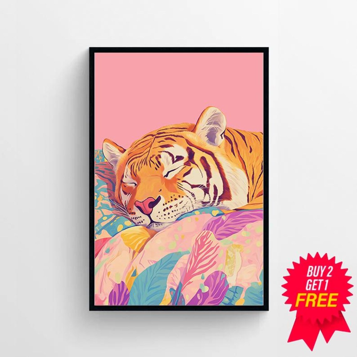 Sleeping Tiger Nestled in a Pastel Floral Blanket Dreamy Art Poster - Image 4
