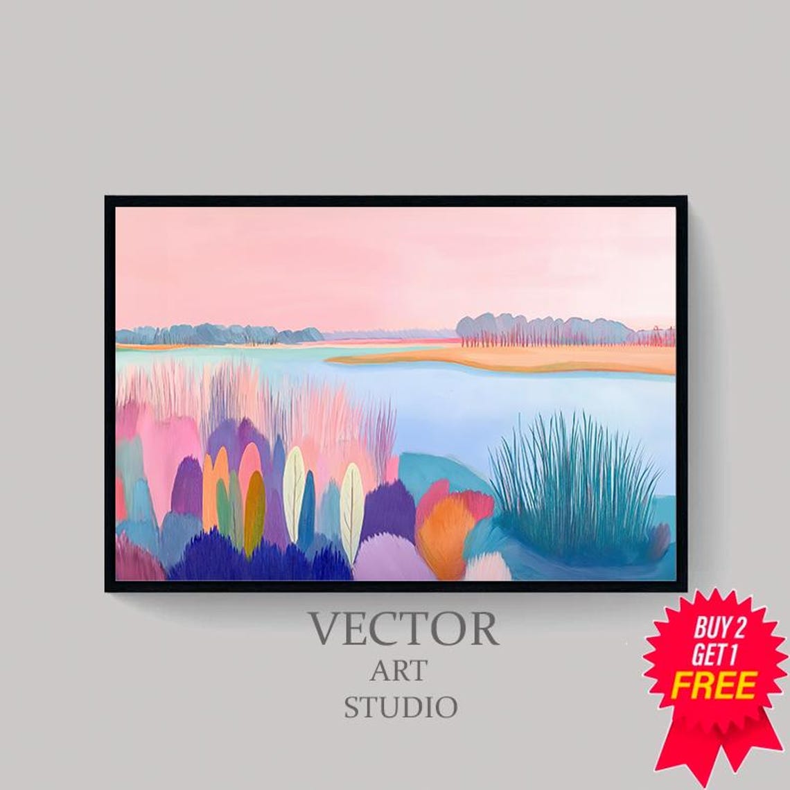 Pink Sunset Over A Pastel Marsh Lake Colorful Abstract Poster - Image 4