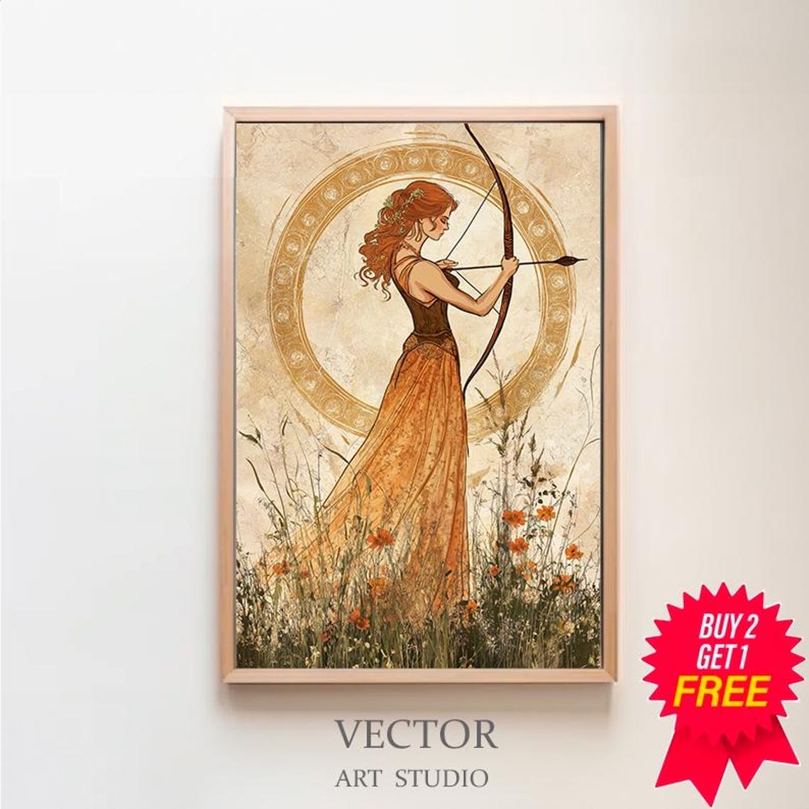 Artemis Greek Goddess Archer Art Nouveau Style Wildflower Poster