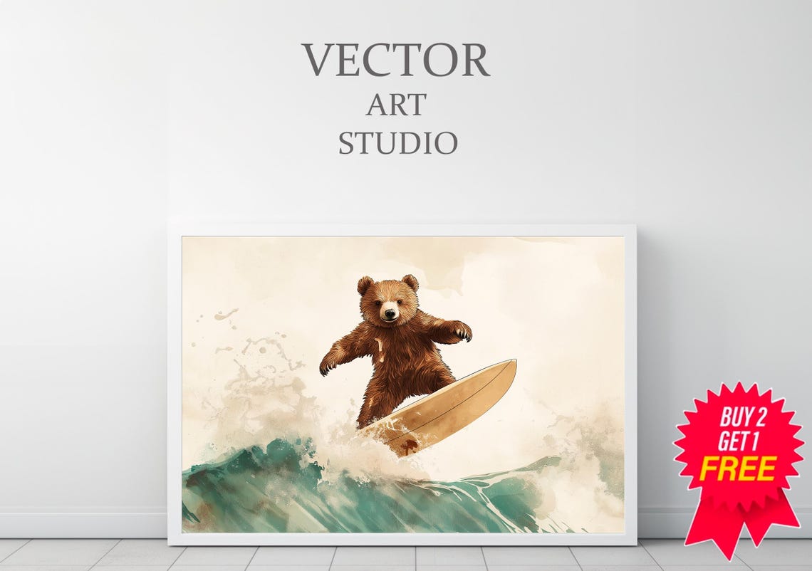 Cute Surfing Bear Riding A Teal Ocean Wave On A Board Nursery Wall Art - Image 3