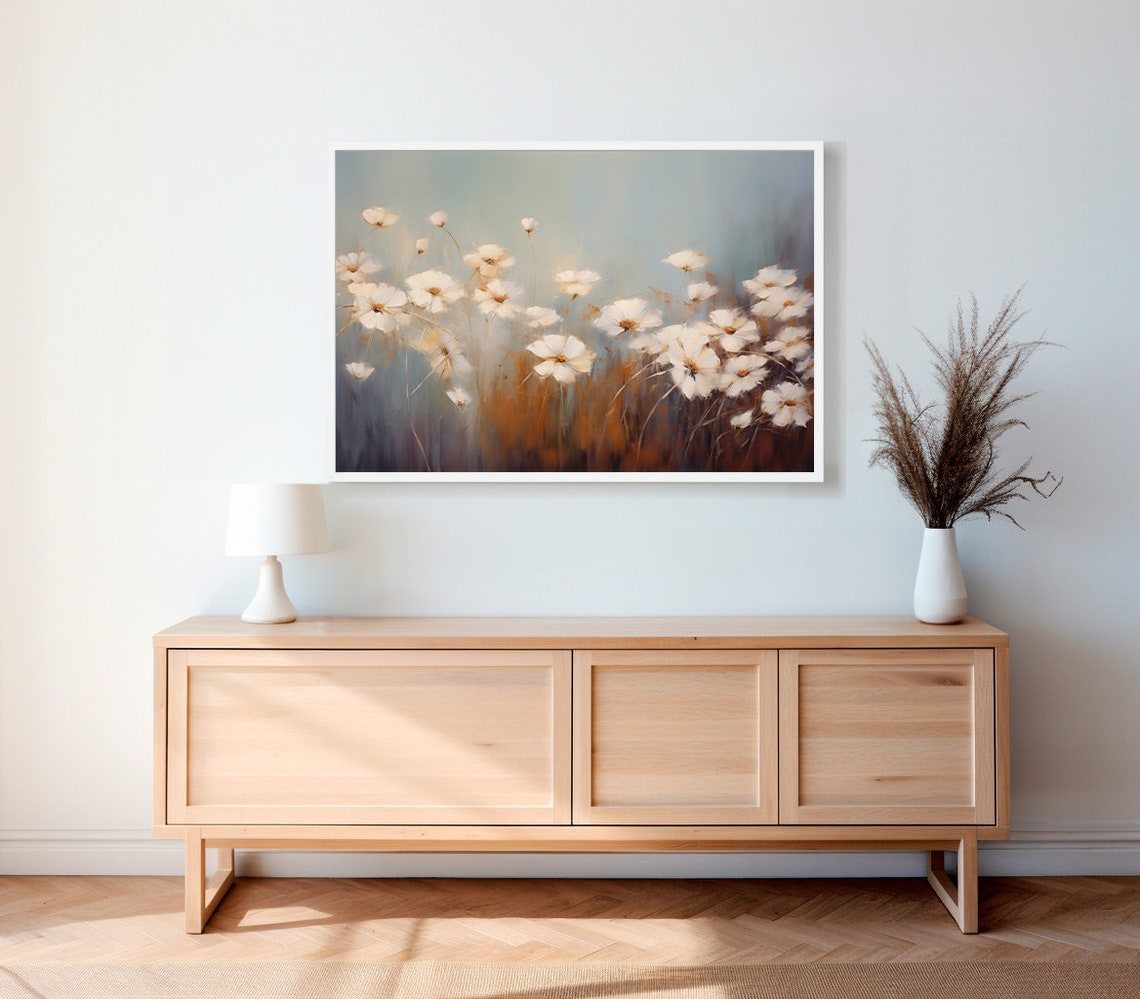 White Cosmos Flowers in Misty Blue Meadow Soft Abstract Floral Poster - Image 2