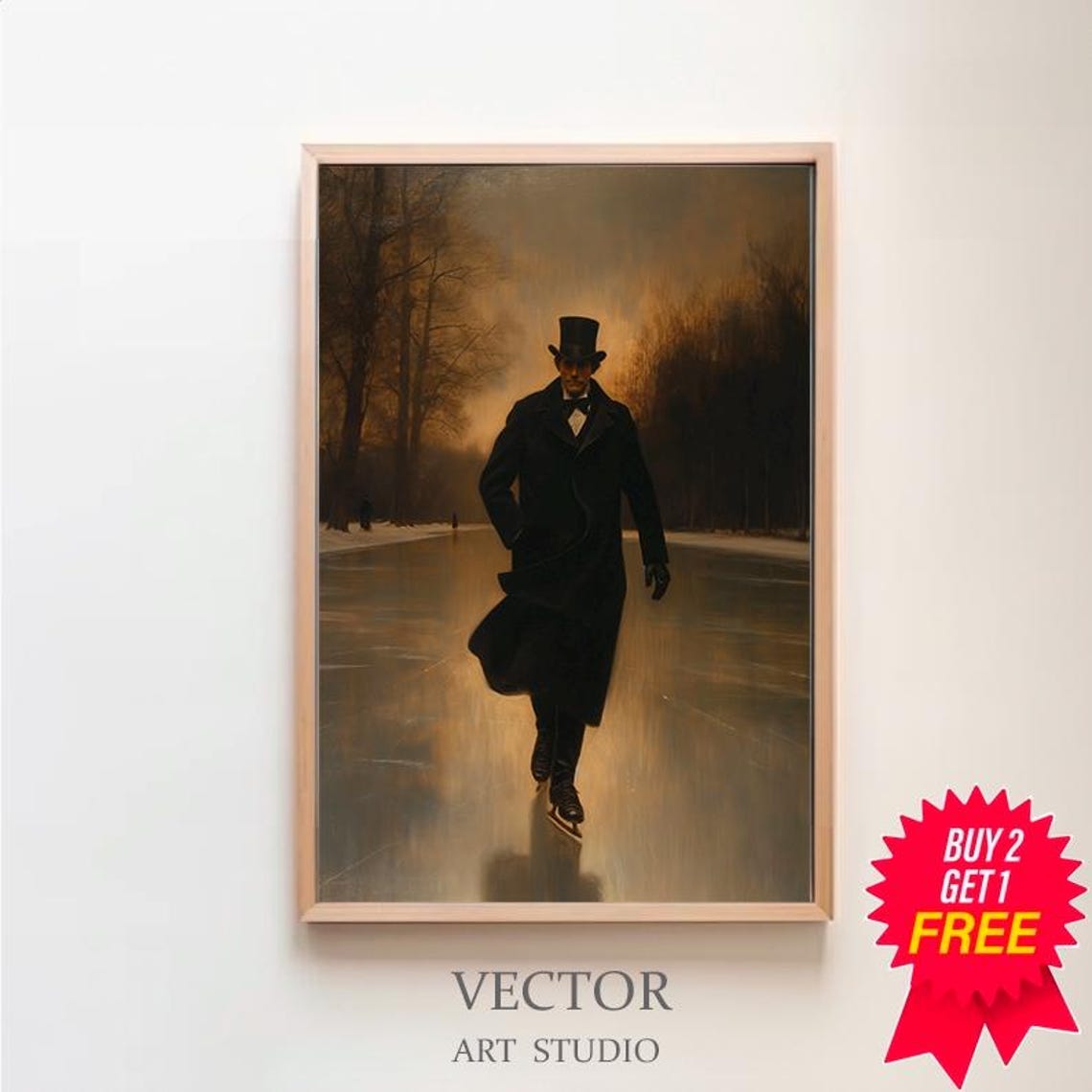 Top Hatted Gentleman Skating On Frozen River Moody Winter Poster