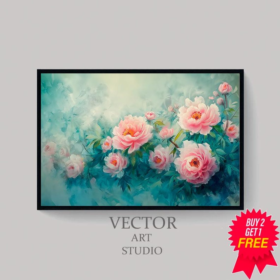 Pink Peony Blossoms Teal Watercolor Spring Floral Bloom Poster - Image 4