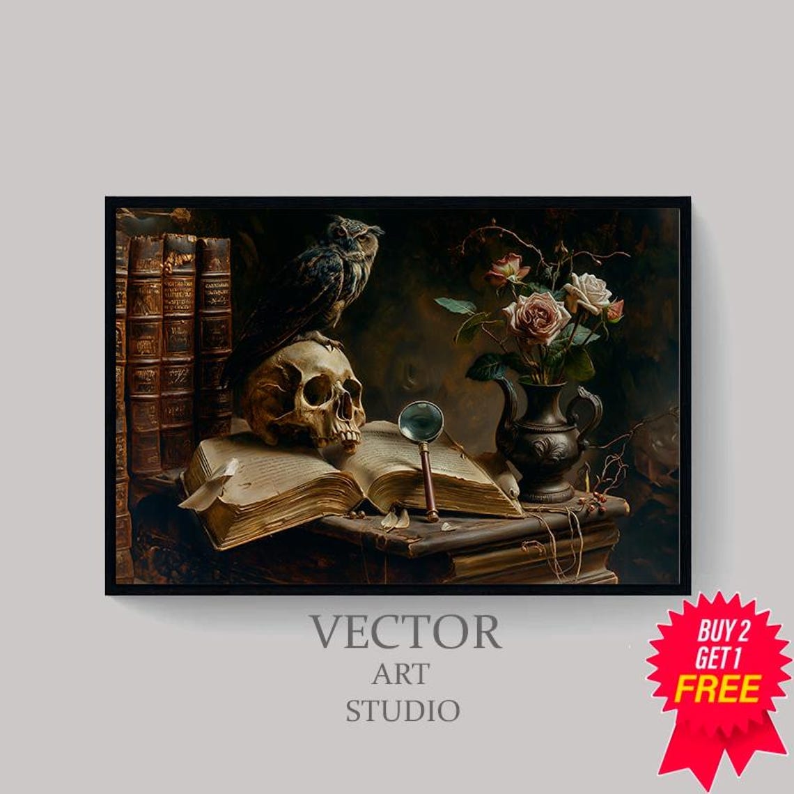 Owl Perched on a Skull Beside an Open Book in Gothic Still Life Poster - Image 4