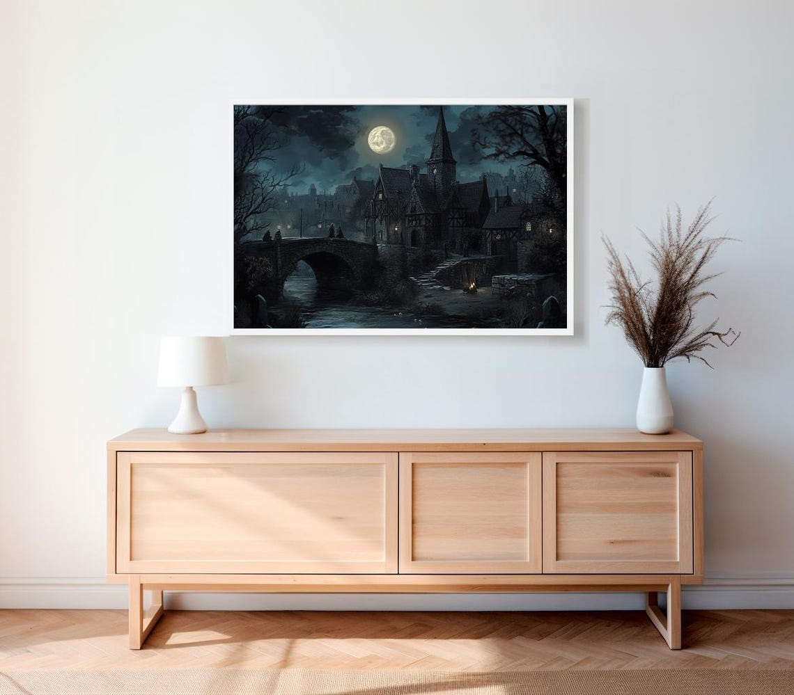 Moonlit Village With Church Spire Spooky Gothic Painting Poster - Image 2