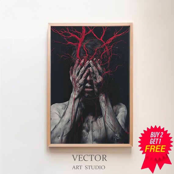 Horror Portrait Hands Over Face Red Vein Lines Dark Art Poster