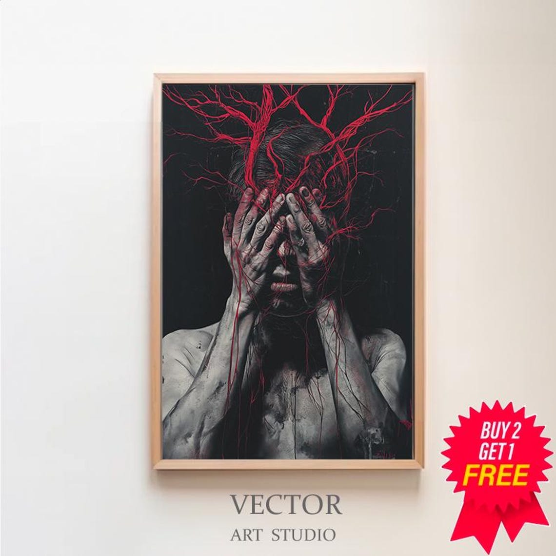 Horror Portrait Hands Over Face Red Vein Lines Dark Art Poster