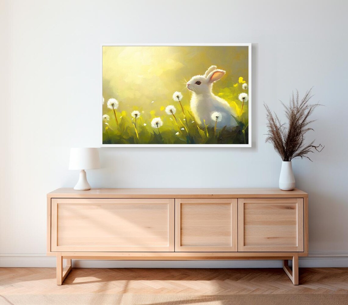 White Bunny Sitting Among Dandelions in Bright Golden Sunlight Art Poster - Image 3