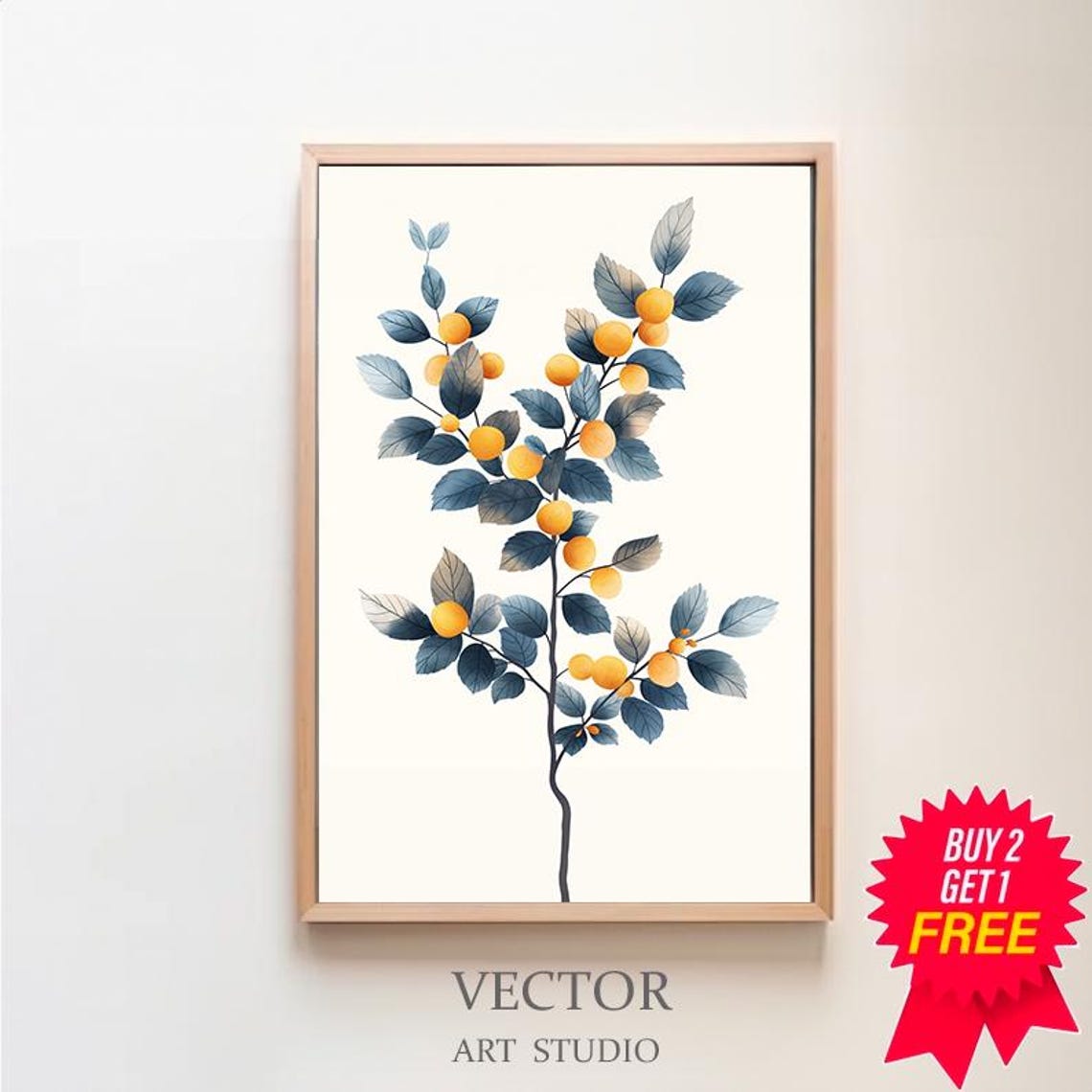 Golden Berries Slender Branch Blue Gray Leaves Botanical Poster