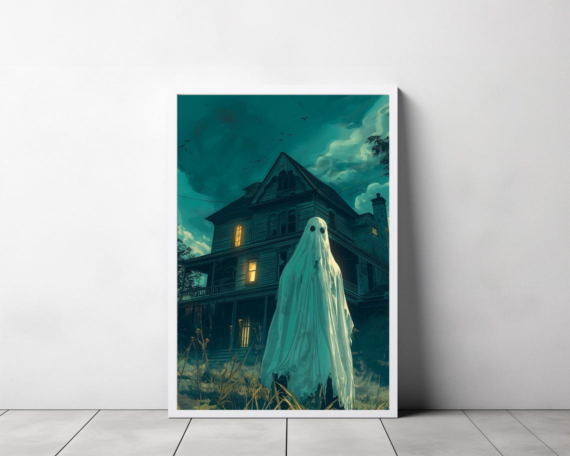 Ghost In Front Of Haunted Mansion At Night Spooky Halloween Poster - Image 3