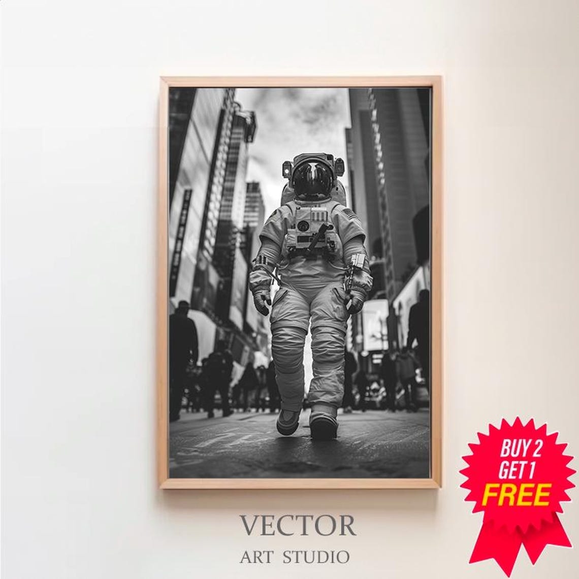 Surreal Astronaut Strolling Through Downtown Skyscrapers Photo Poster