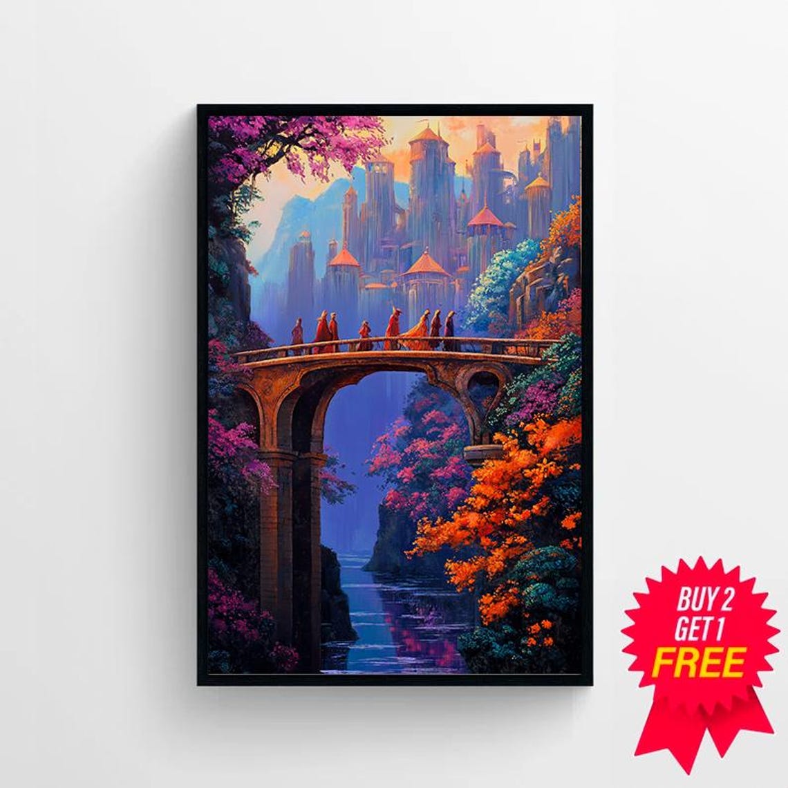 Fantasy Castle Stone Bridge Fellowship Waterfall Scene Art Poster - Image 4