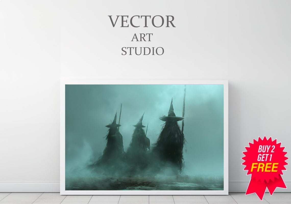 Three Witches Emerging From Teal Mist In A Moody Coven Poster - Image 3