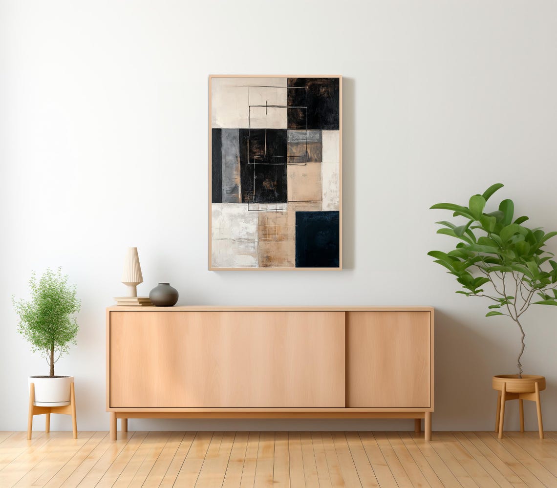 Wabi Sabi Overlapping Outlined Squares Neutral Abstract Poster - Image 2