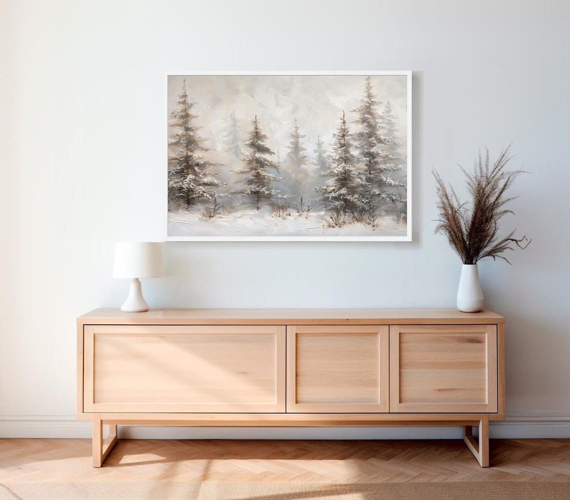 Snowy Pine Trees Winter Forest In Soft Neutral Tones Landscape Poster - Image 2