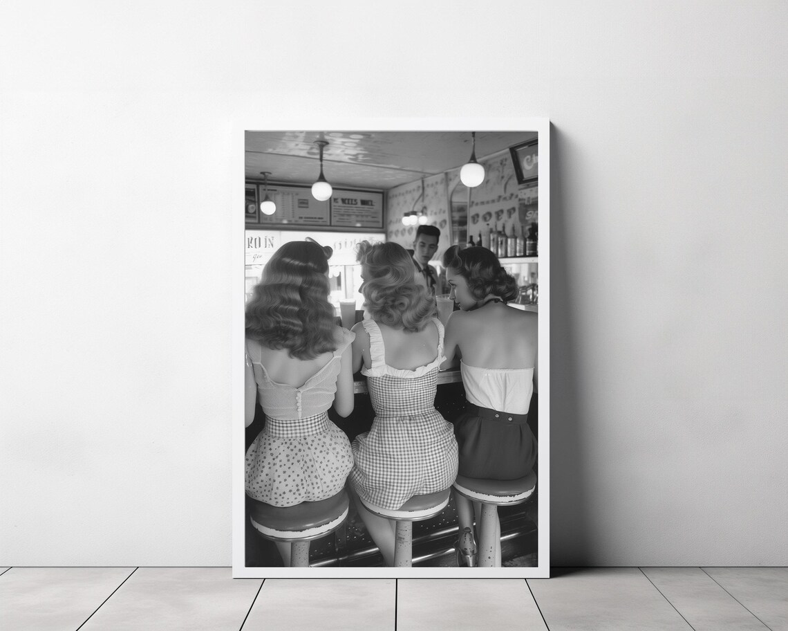 Three Women At Diner Counter Vintage Black White Photo Poster - Image 3
