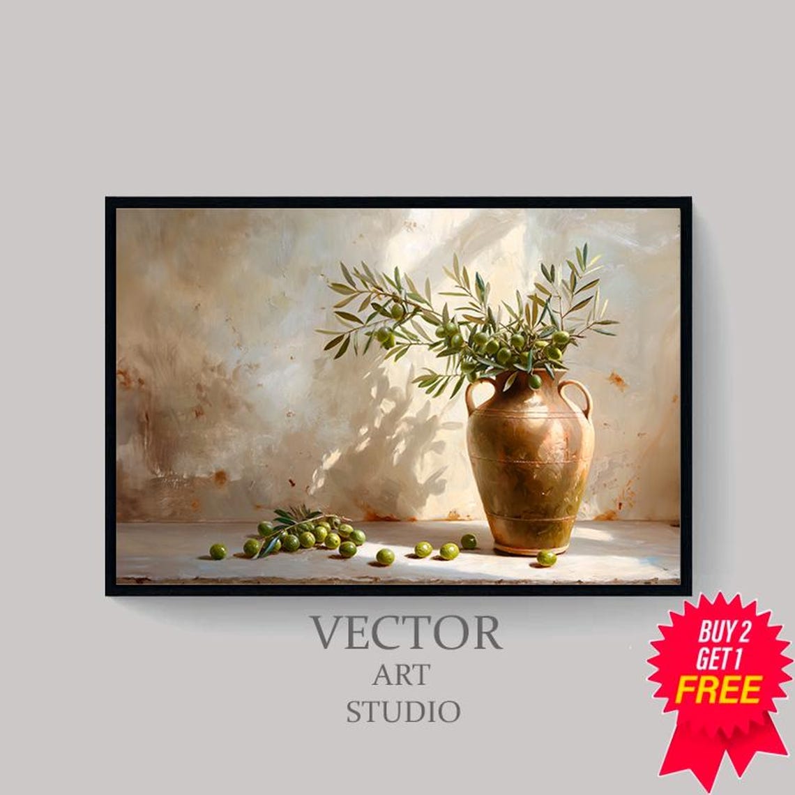 Olive Branches in Copper Amphora Vase Sunlit Rustic Still Life Poster - Image 4