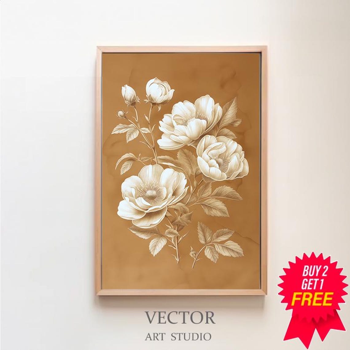Delicate Cream White Rose Blooms on Caramel Background Poster