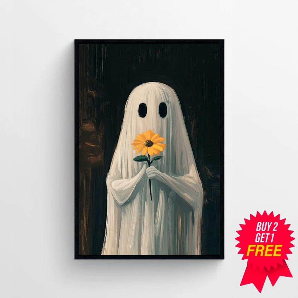 Sheet Ghost Holding a Yellow Daisy Flower Dark Spooky Art Poster - Image 4