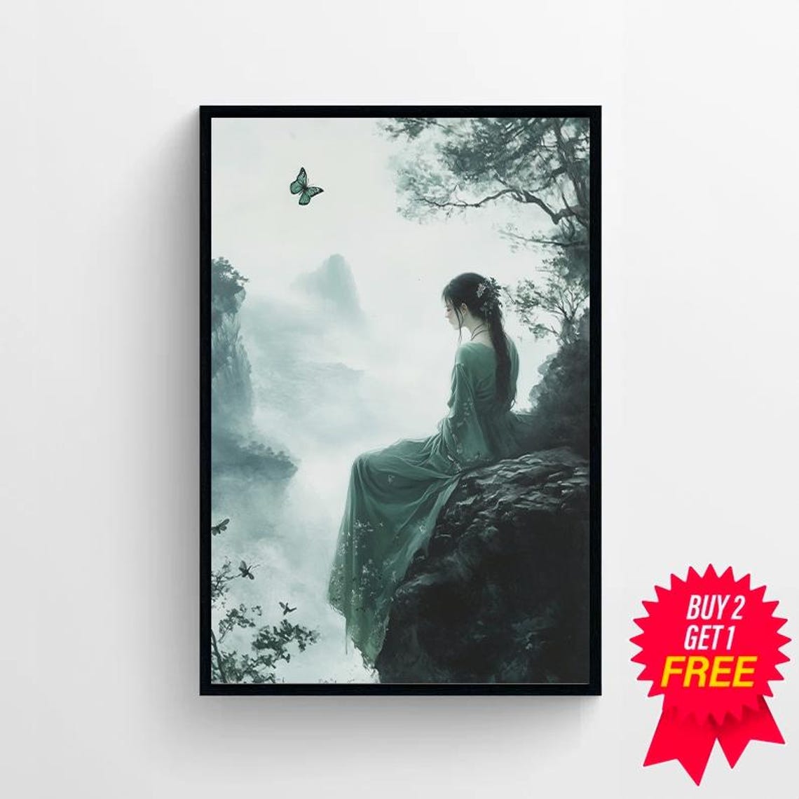 Artemis in Teal Robe on Misty Cliff With Butterfly Watercolor Poster - Image 4
