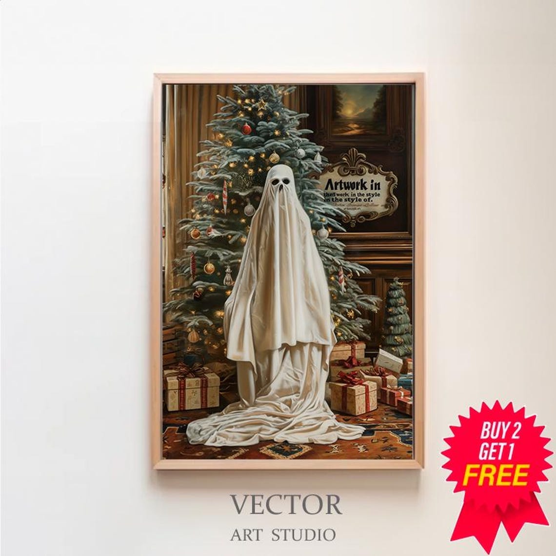 Cute Sheet Ghost Beside Decorated Christmas Tree Holiday Poster