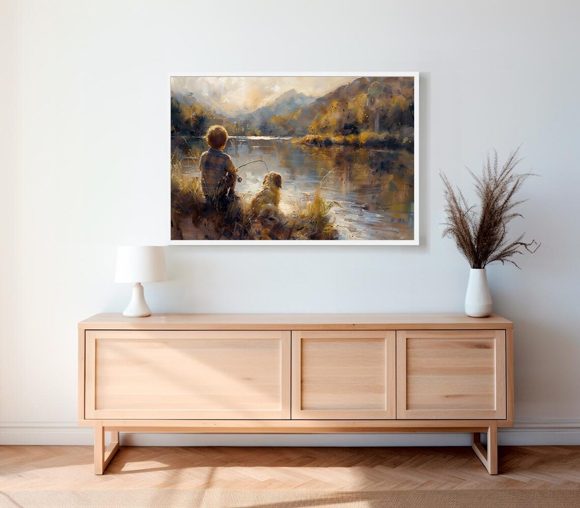 Boy And Golden Dog Fishing Sunlit River Impressionist Painting Poster - Image 2