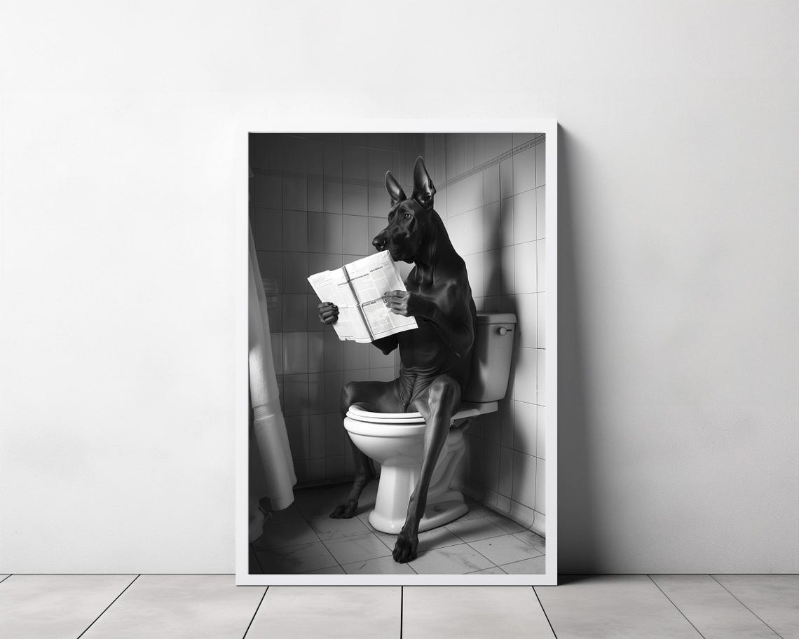 Doberman Reading on Toilet Looking at Camera Funny Dog Photo Poster - Image 3