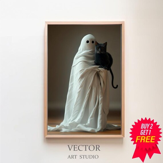 Cute Ghost Holding A Black Cat Spooky Sweet Halloween Art Poster