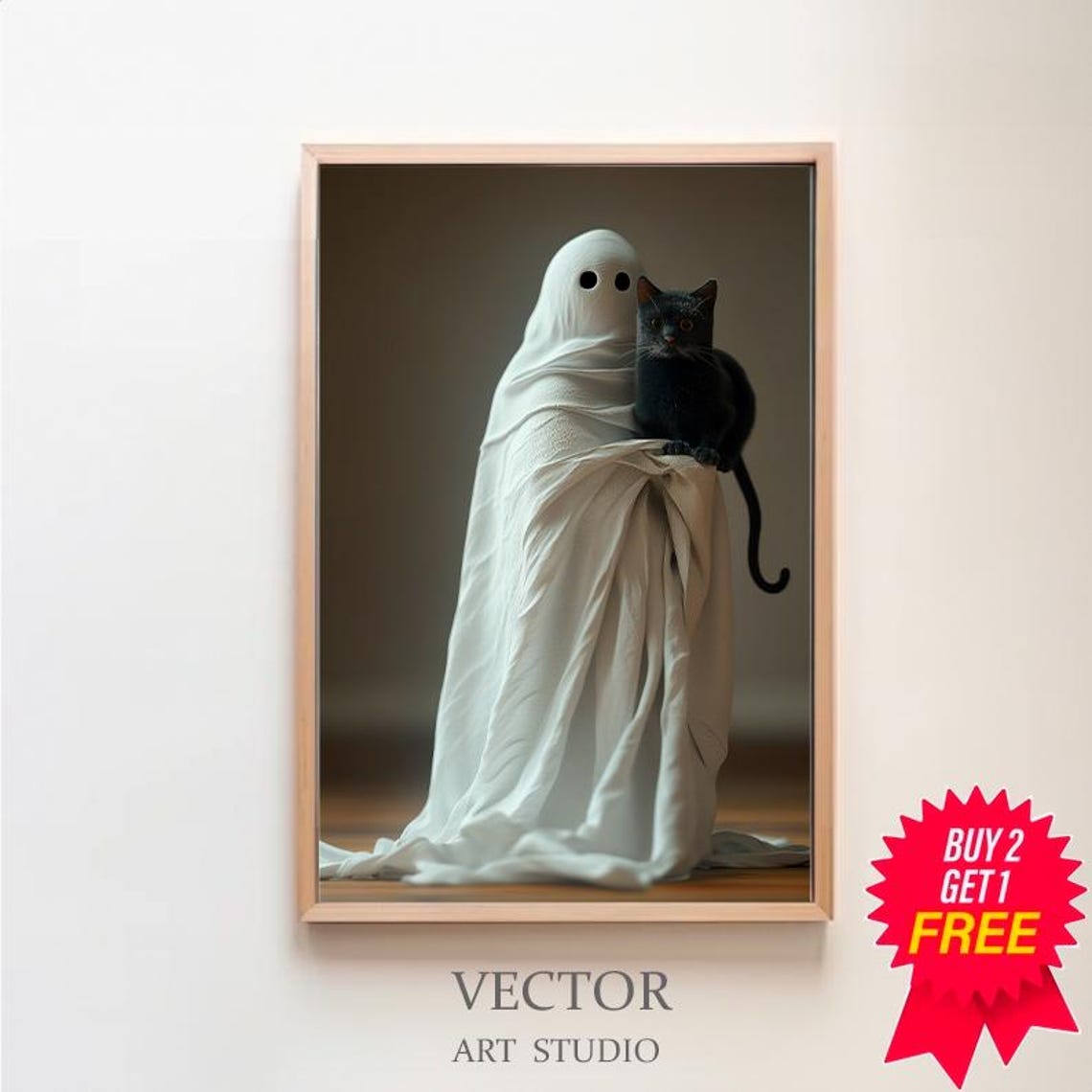 Cute Ghost Holding A Black Cat Spooky Sweet Halloween Art Poster