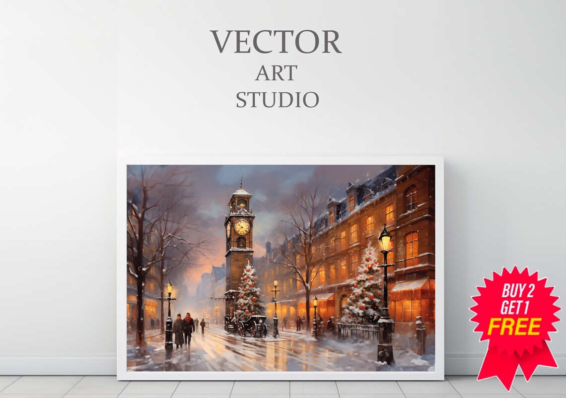 Snowy Vintage Christmas Clock Tower Scene on a Town Street Poster - Image 3