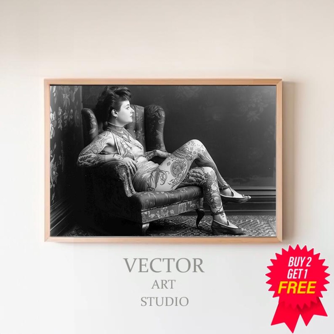 Vintage Tattooed Lady In Armchair Black And White Photo Poster