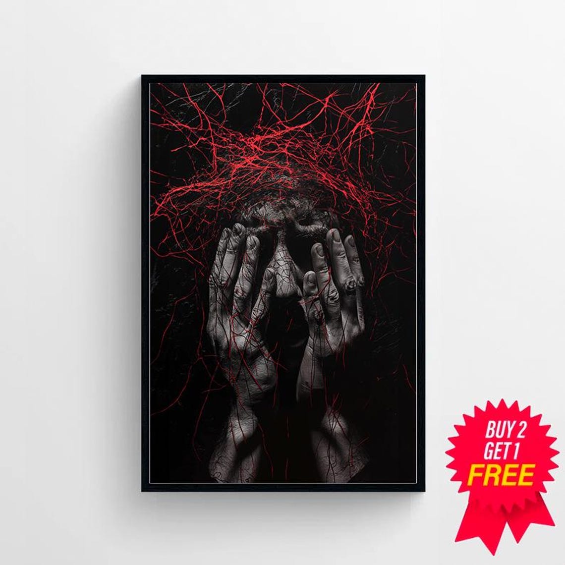 Dark Horror Figure Head In Hands Red Nerve Lines Gothic Art Poster - Image 4