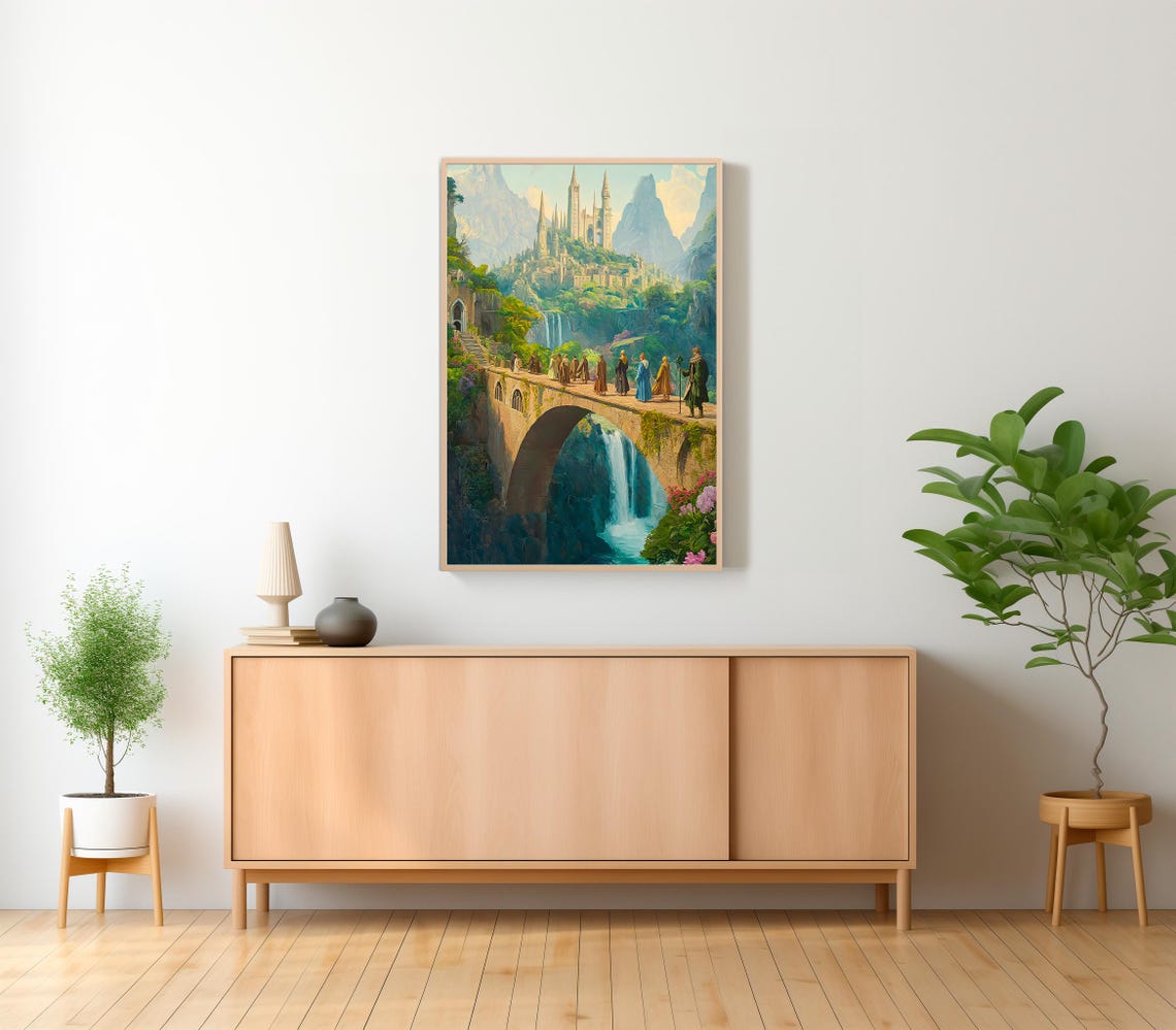Fantasy Fellowship Mountain Castle Stone Bridge Valley Art Poster - Image 2