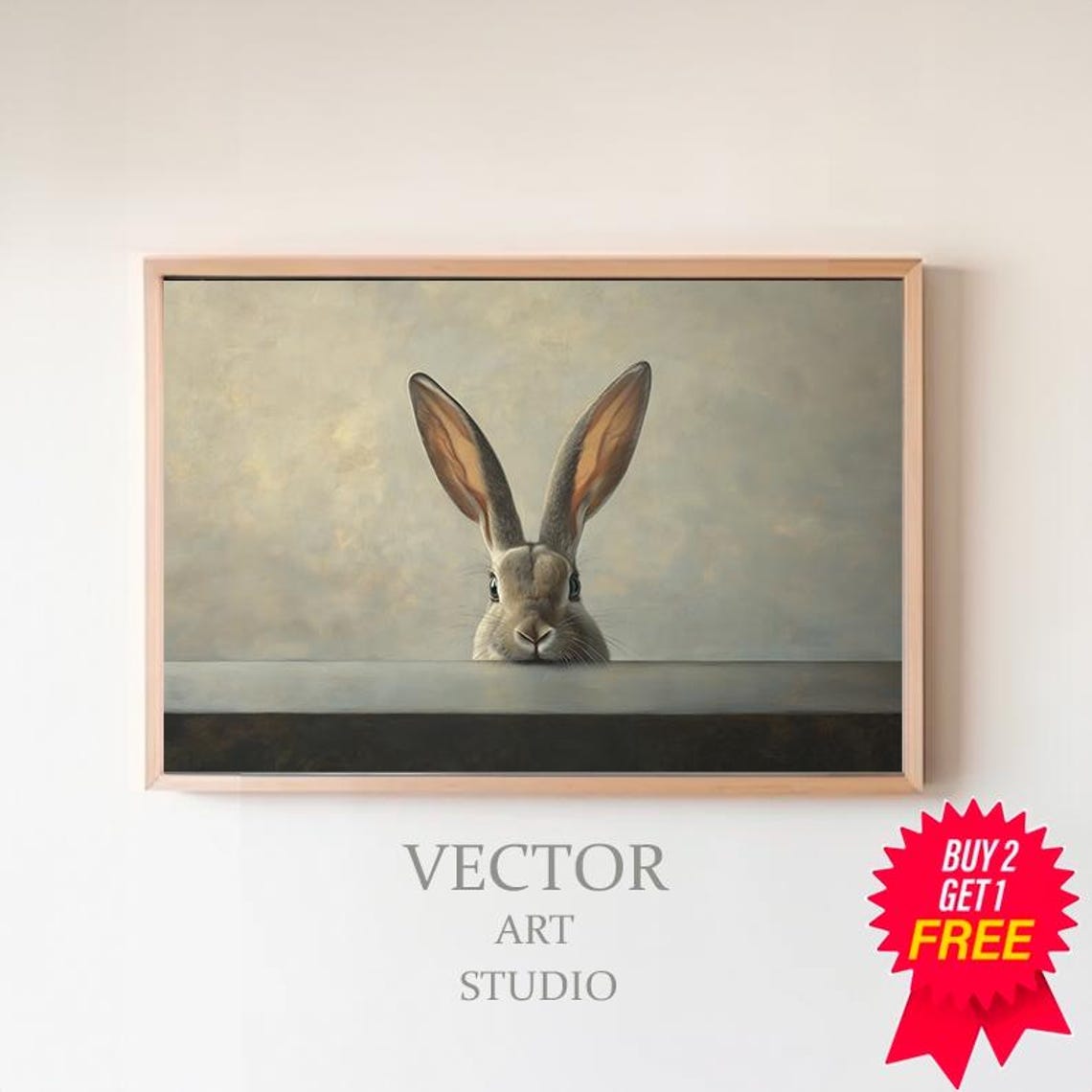 Curious Bunny Peeking Over a Dark Ledge Moody Animal Painting Poster