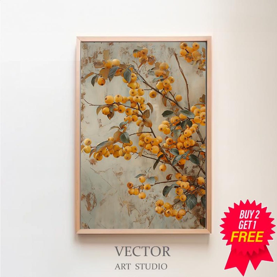 Golden Berry Branches Vintage Still Life on Aged Plaster Poster