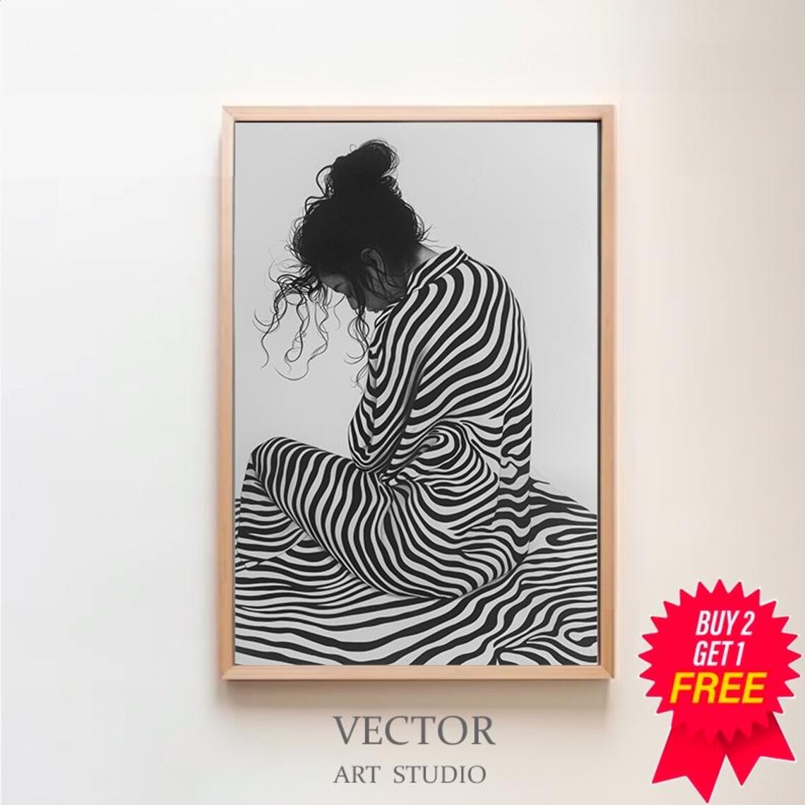 Monochrome Woman in Striped Dress Kneeling With Bowed Head Poster
