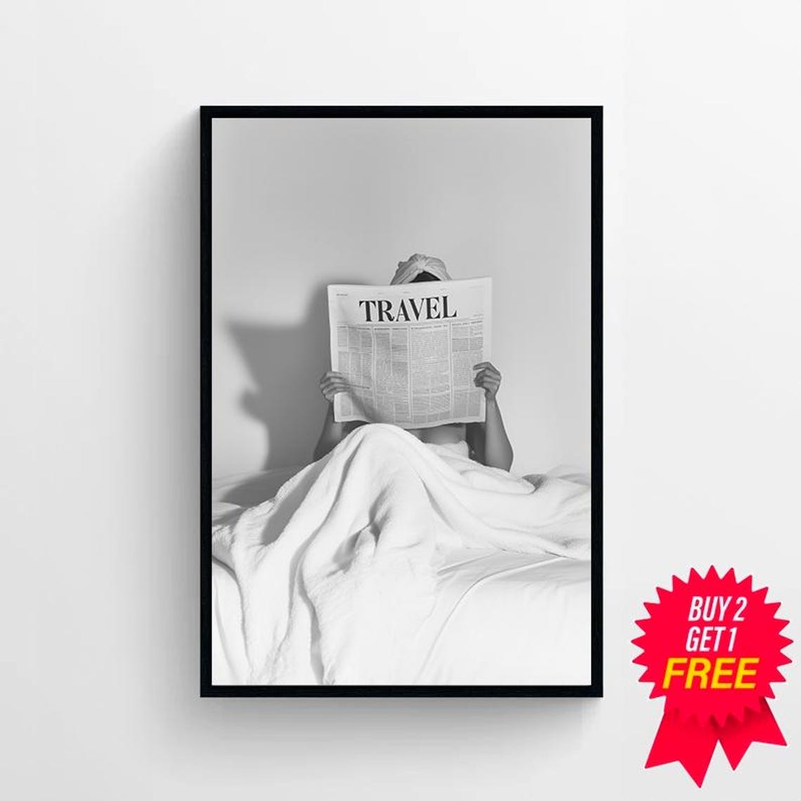 Reading Travel Newspaper in Bed Cozy Minimalist Photo Poster - Image 4