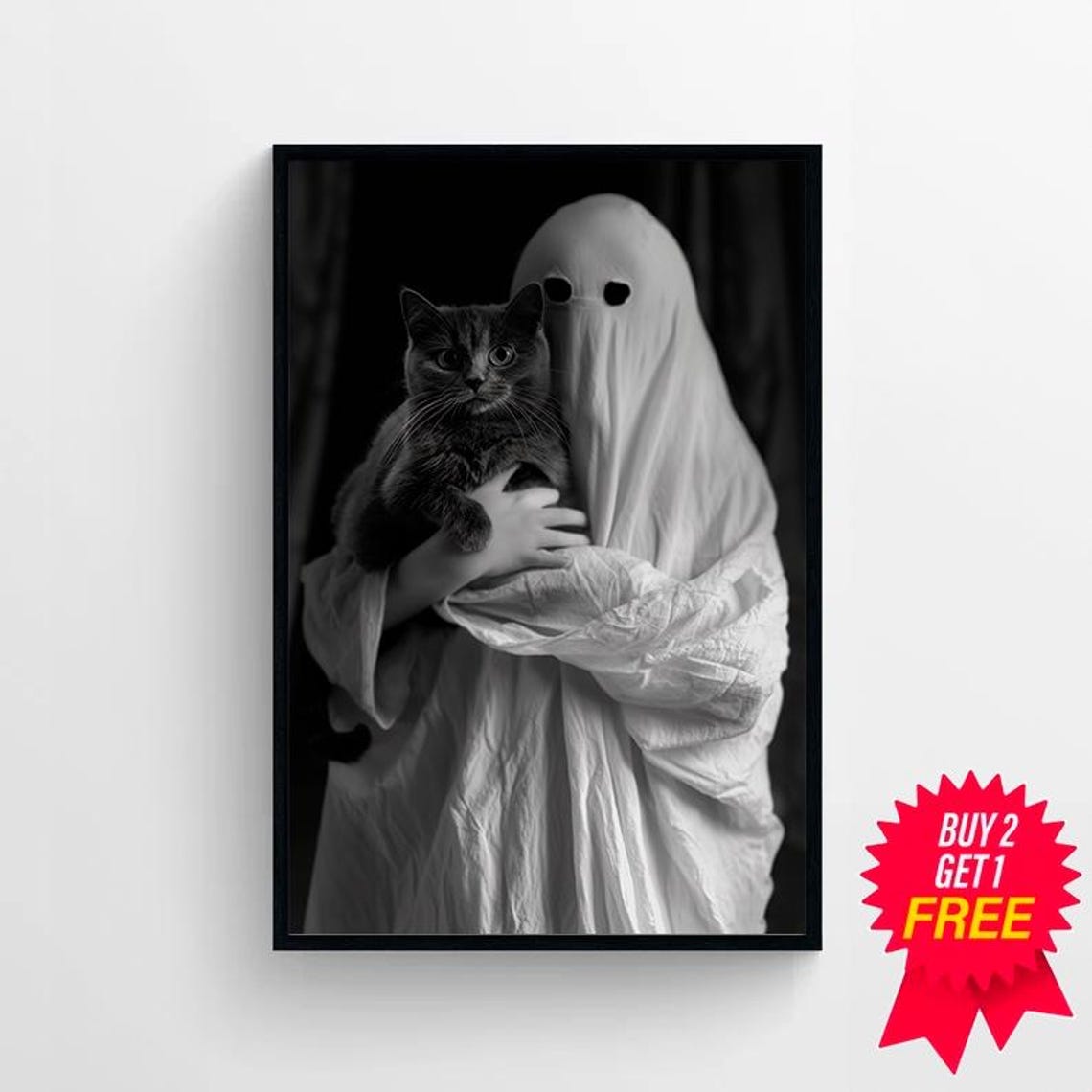 Cute Sheet Ghost Holding a Black Cat Black and White Halloween Poster - Image 4